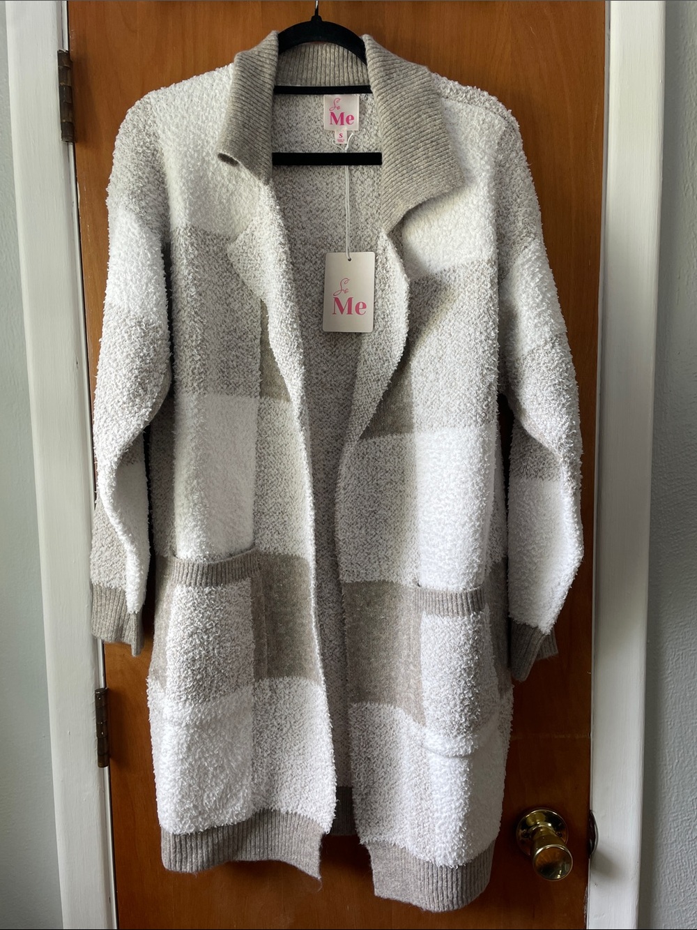 So Me Cream and Brown Checkered Cardigan